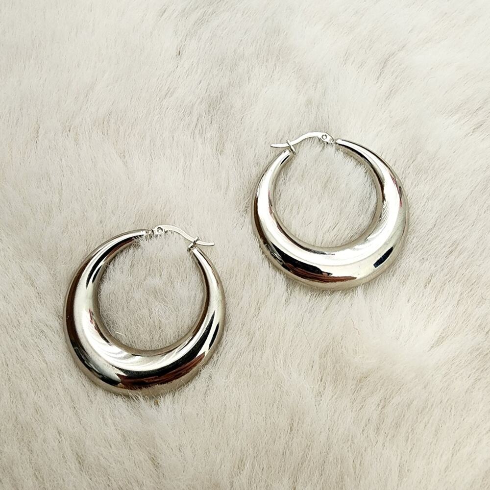 Chunky Silver Hoop Earrings | Medium Crescent Stainless Steel Chunky Hoop NEW
